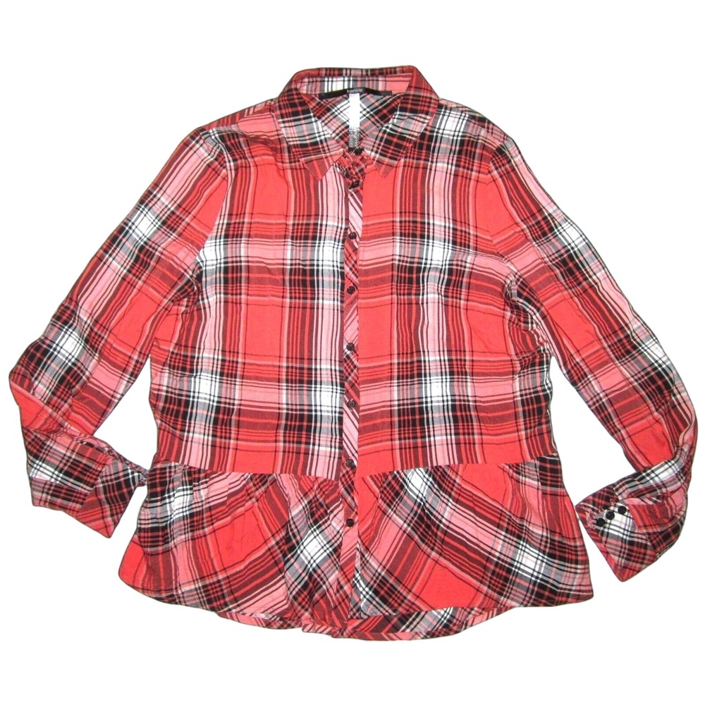 KENSIE Coral Plaid PEPLUM Shirt Juniors XL Button Down Long Sleeve Cute